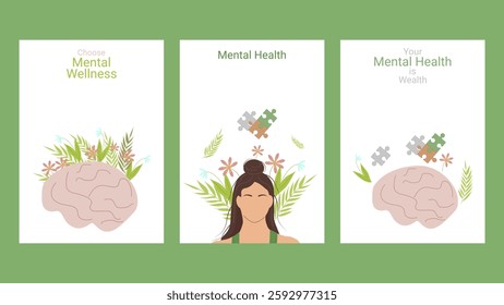Mental health awareness month layout set poster. Psychological and emotional well-being. Vector illustration.
