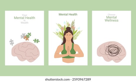 Mental health awareness month layout set poster. Human Brain Puzzles meditation. Psychological and emotional well-being. Vector illustration.