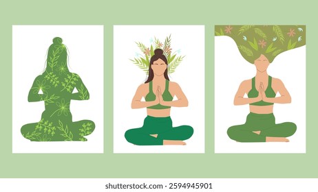 Mental health awareness month layout set poster. Girl meditates. Psychological and emotional well-being. Vector illustration.