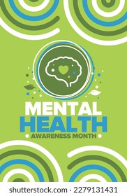 Mental Health Awareness Month in May. Annual campaign in United States. Raising awareness of mental health. Control and protection. Prevention campaign. Medical health care design. Vector illustration