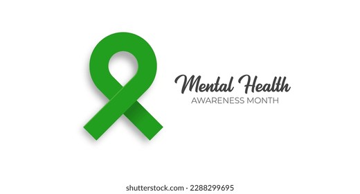 Mes de concientización sobre salud mental en mayo con cinta verde aislada en fondo blanco. Mes de salud mental vectorial Afiche, tarjeta, pancarta, volante y fondo.