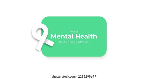 Mental Health Awareness Month in May with green ribbon isolated on white background. Vector Mental Health month Poster, card, banner, flyer and background.