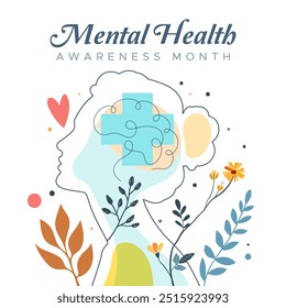 Mental Health Awareness Month. in May. Take care of your body, take care of your health and mind. Increase awareness of mental health. Control and protection. Prevention campaign. This is not work AI