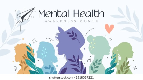 Mental Health Awareness Month. in May. Take care of your body, take care of your health and mind. Increase awareness of mental health. Control and protection. Prevention campaign