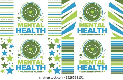 Mental Health Awareness Month in May. Annual campaign in United States. Raising awareness of mental health. Control and protection. Prevention campaign. Medical health care design. Vector illustration