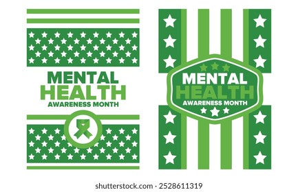 Mental Health Awareness Month in May. Annual campaign in United States. Raising awareness of mental health. Control and protection. Prevention campaign. Medical health care design. Vector illustration