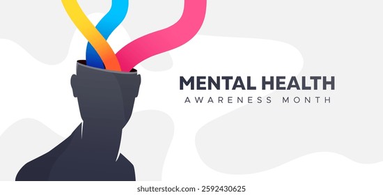 Mental Health Awareness Month, May. Featuring a person silhouette vector element illustrating his head with colorful flowing objects. Take care of your mental health from excessive depression.