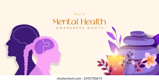 Mental Health Awareness Month, May. Meditation calms the mind and body, this concept is about mental health. There are elements of stacked rocks and therapeutic candles and plants around it.