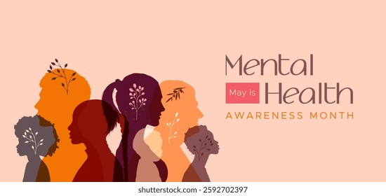 Mental Health Awareness Month, May. Side view silhouettes of people of different ages and genders. The concept is about the importance of maintaining mental health.