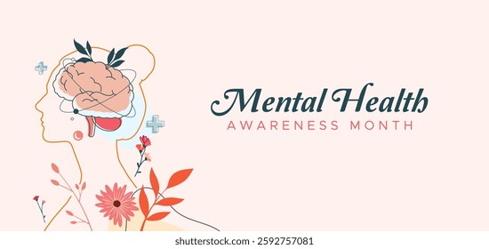 Mental Health Awareness Month. in May. Take care of your body, take care of your health and mind. Increase awareness of mental health. Control and protection. Prevention campaign.