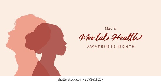 Mental Health Awareness Month. in May. Take care of your body, take care of your health and mind. Increase awareness of mental health. Control and protection. Prevention campaign.