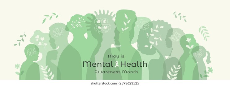 Mental Health Awareness Month May background. Flat banner template with typography. Group of people silhouette. Different nationalities, genders and ages human profile. Minimalist trendy illustration