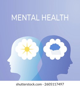 Mental Health Awareness Month in May. Take care of your body, health and mind. Raise awareness about mental health. Control and protection. A preventive campaign.