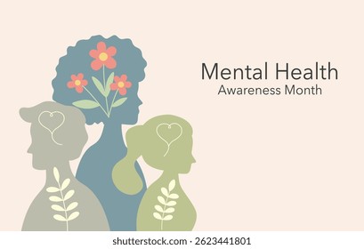 Mental Health Awareness Month in May. Human head with flowers in flat design.