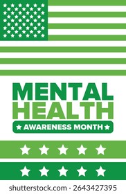 Mental Health Awareness Month in May. Annual campaign in United States. Raising awareness of mental health. Control and protection. Prevention campaign. Medical health care design. Vector illustration
