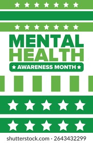 Mental Health Awareness Month in May. Annual campaign in United States. Raising awareness of mental health. Control and protection. Prevention campaign. Medical health care design. Vector illustration