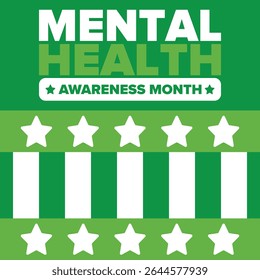 Mês da Conscientização sobre a Saúde Mental, em maio. Campanha anual nos Estados Unidos. Sensibilizar para a saúde mental. Controle e proteção. Campanha de prevenção Projeto de assistência médica. Ilustração vetorial