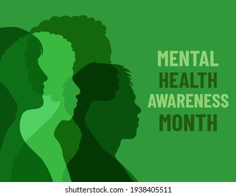 Mental Health Awareness Month. Poster With Different People On Green Background