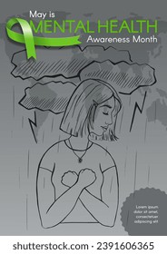 Afiche del Mes de Concienciación sobre Salud Mental. Una joven cruzó sus manos con los puños en el pecho. Las nubes cuelgan sobre ella, llueve y relámpagos. Ilustración plana moderna dibujada a mano.