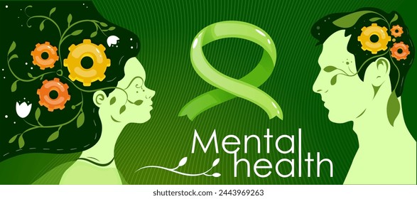 Mes de Concientización de Salud Mental. Cartel con hombre y mujer con flores, cinta verde y dientes en la cabeza. Combatir trastornos psicológicos. Mindfulness y bienestar. Ilustración de vector plano de dibujos animados