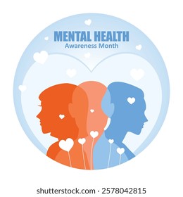 Mental Health Awareness Month. Poster promoting awareness of mental health with silhouette and heart symbol. Mental Health concept. Flat vector illustration.