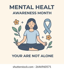 Mental Health Awareness Month poster with woman meditating, emotional support symbols, and typography for therapy campaigns