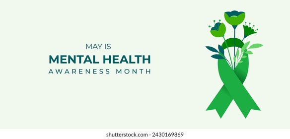 Mental Health Awareness Month. Raising awareness of mental health campaign. Green awareness ribbon with flowers. Vector concept illustration