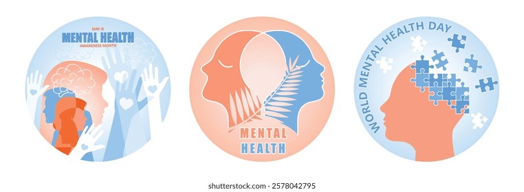 Mental Health Awareness Month represents awareness of mental health and emotional well-being. Mental Health concept. Set flat vector illustration. 