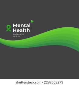 Mental Health Awareness Month social media banner with green ribbon isolated on grey background. Vector Mental Health month Poster, card, flyer and background.