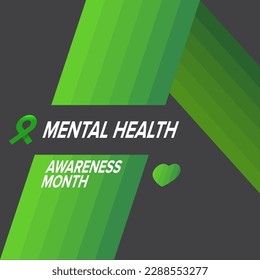 Cartel en medios sociales del Mes de Concienciación sobre la Salud Mental con cinta verde aislada de fondo gris. Mes de salud mental vectorial Afiche, tarjeta, volante y fondo.