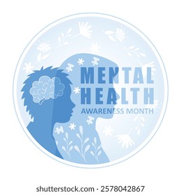 Mental health awareness month. Symbolic profile silhouette, brain image, and floral elements. Mental Health concept. Flat vector illustration.