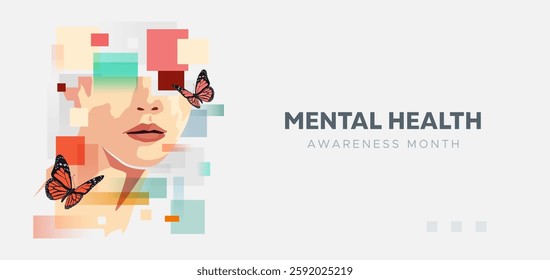 Mental Health Awareness Month Template, May. The design features a visual illustration of a person with random squares and butterfly elements. The importance of maintaining mental health. 