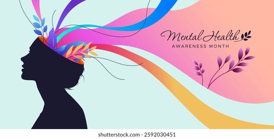 Mental Health Awareness Month Template, May. Design features a visual element of a woman with plants and colorful wave objects spreading over her head symbolizing joy. Take care of your mental health