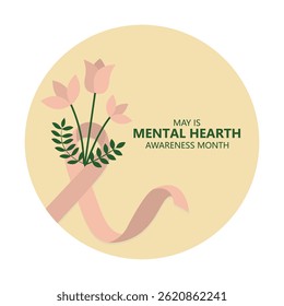  Mental Health Awareness Month. This design features a pink ribbon intertwined with delicate pink flowers, promoting the message of emotional wellness and compassionate support during May.