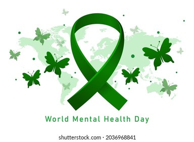 Mental Health Awareness Month vector illustration with green ribbon. Green ribbon. Symbol of adrenal cancer, glaucoma, mental health awareness