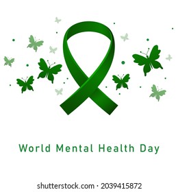 Mental Health Awareness Month vector illustration with green ribbon. Green ribbon. Symbol of adrenal cancer, glaucoma, mental health awareness