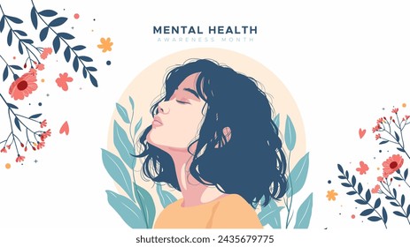 Mental Health Awareness Month. vector illustration with a mental health concept featuring an illustration of a woman undergoing therapy with floral decoration. Care about mental health. Increase aware