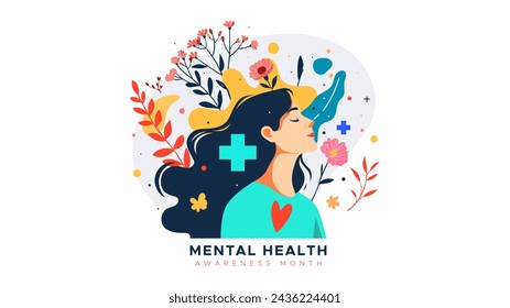 Mental Health Awareness Month. vector illustration with a mental health concept featuring an illustration of a woman undergoing therapy with floral decoration. Care about mental health. Increase aware