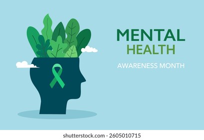 Mental Health Awareness Month vector illustration. Green ribbon and plants on human head in flat design.