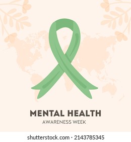 Mental Health Awareness Month Or Week In May Square Banner Template. Green Ribbon International Symbol For Mental Illnesses. Medical Health Care Card. Vector Illustration In Flat Style.