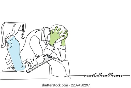 Mental Health Awareness October Line Art. A Young Depressed Male Adult At Doctors Office . Mental Health Care. Depression Stress. Worried Distressed Anxious Man At Psychologist Office Art Vector 