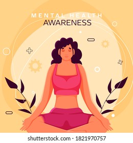 Mental Health Awareness Poster Design with Young Woman Meditating in Lotus Pose on Yellow Background.