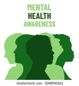 Concienciación sobre la salud mental. Afiche con diferentes personas de fondo verde