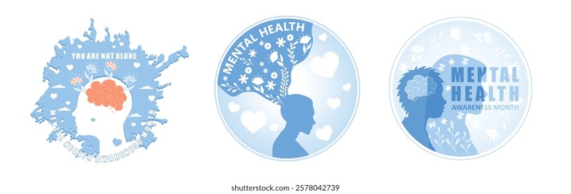 Mental Health Awareness poster. Promoting mental health awareness with brain, silhouette, and floral elements. Mental Health concept. Set flat vector illustration.