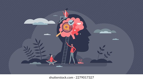 Mental health awareness with psychological therapy tiny person concept. Emotions and feeling control with psychologist session or assistance vector illustration. Neurology patient with positive mind.