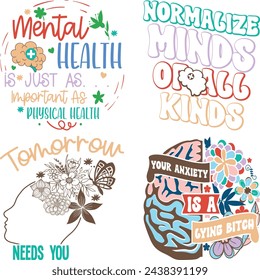 mental health awareness retro design, mental health matters t-shirt vector illustrations, mental health t-shirt design bundle