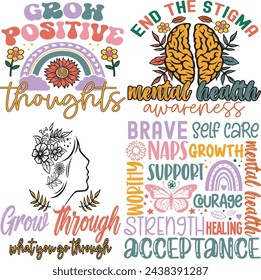 mental health awareness retro design, mental health matters t-shirt vector illustrations, mental health t-shirt design bundle