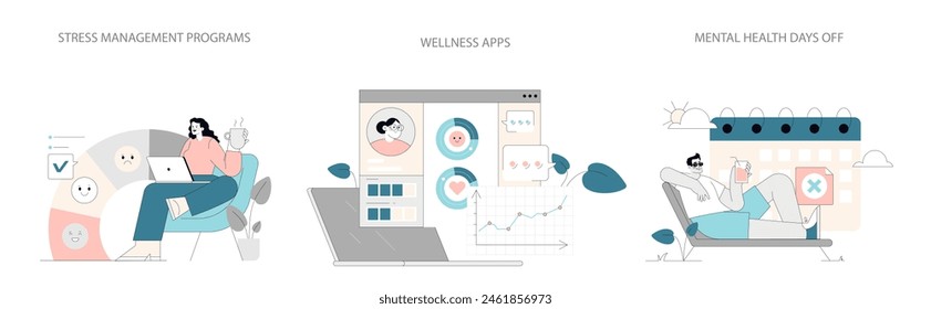 Mental Health Awareness set. Digital solutions for stress relief and self-care practices. Incorporating technology in personal well-being. Vector illustration.