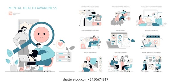 Mental Health Awareness set. Support initiatives and self-care strategies. Remote services, stress management, and mindfulness sessions. Vector illustration. svg