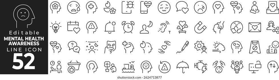 Mental Health Awareness Thin Line Icon Set – Wellness, Therapy, Psychology
